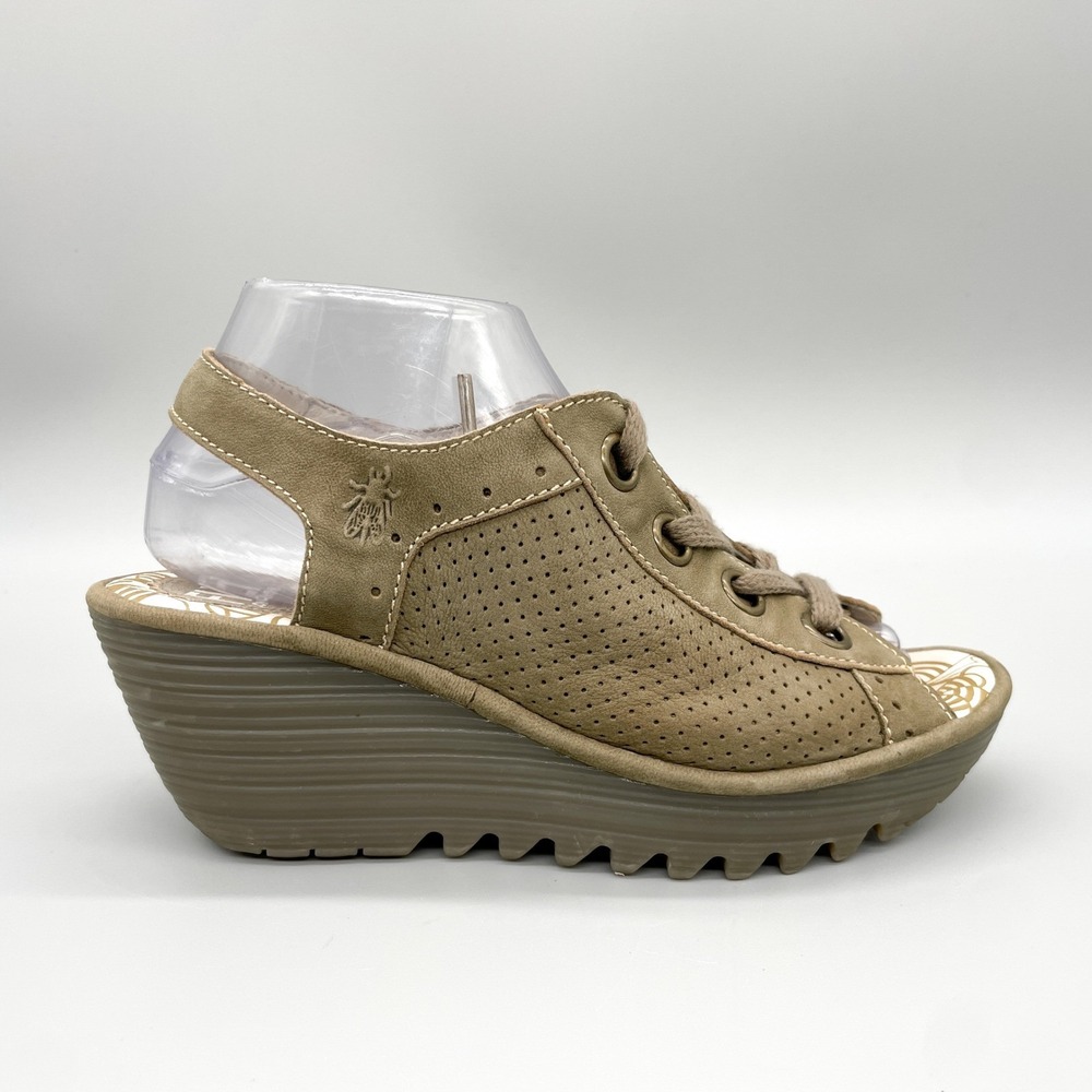 Fly London Yuya Sandals Womens 38 7.5 Taupe Leather Lace Up Peep Toe Wedge
